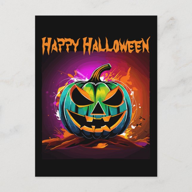 Colourful Halloween Creepy Pumpkin Black Postcard (Front)