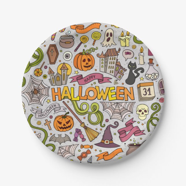 Colourful Halloween Doodles Objects Pattern Paper Plate (Front)