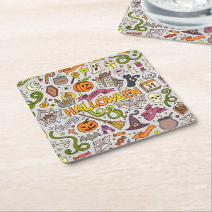 Colourful Halloween Doodles Objects Pattern Square Paper Coaster
