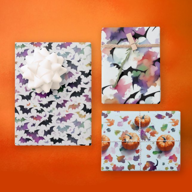 Colourful Halloween Fall Pumpkins Bats Watercolor Wrapping Paper Sheet (Creator Uploaded)