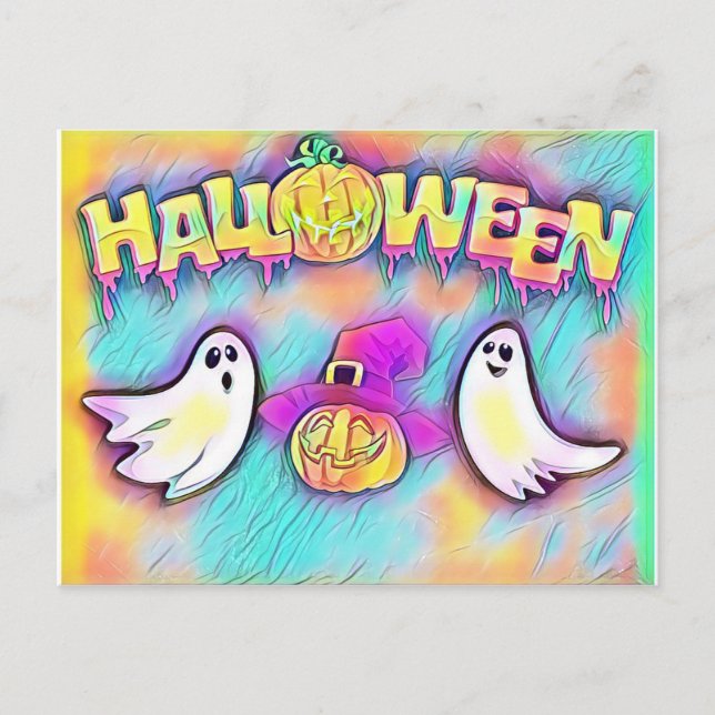 Colourful Halloween Ghost and Pumpkins Postcard (Front)