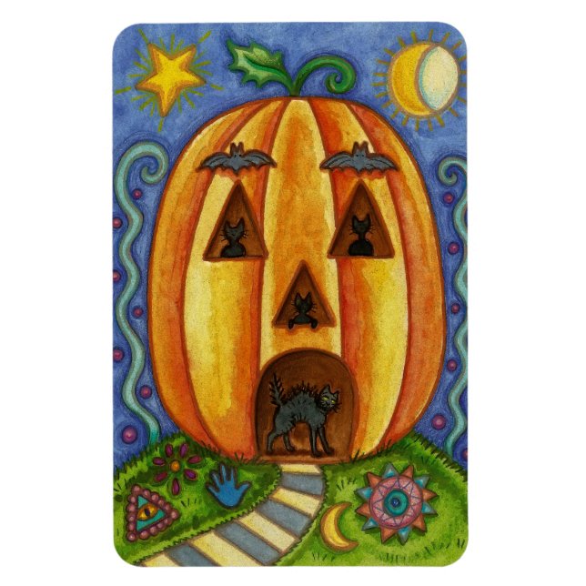 Colourful Halloween Magnet with a Pumpkin and Cats (Vertical)