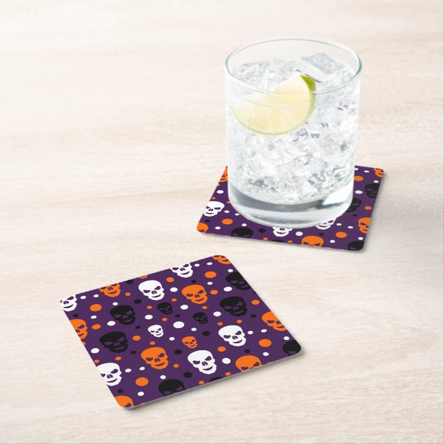 Colourful Halloween Skulls Polka Dots Pattern Square Paper Coaster (Insitu)