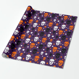 Colourful Halloween Skulls Polka Dots Pattern Wrapping Paper