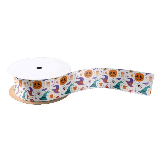 Colourful Halloween Spooky Vibe Symbols Pattern Satin Ribbon (Spool)