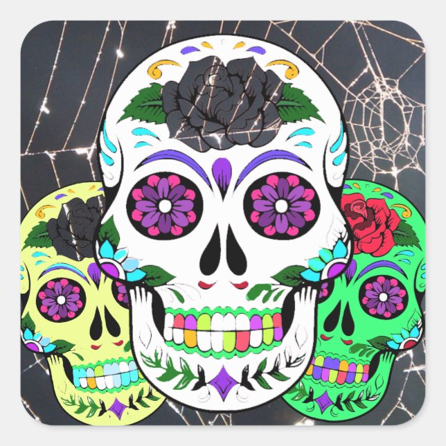 Colourful Halloween Sugar Skulls Square Sticker (Front)
