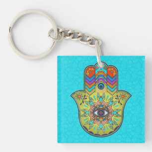 Colourful Hamsa Hand with paisley Key Ring