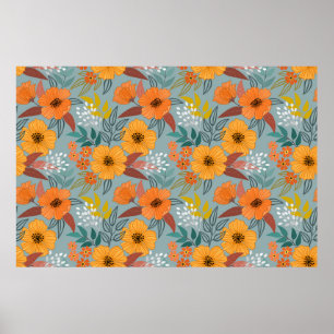 Colourful hand draw flowers seamless pattern poster