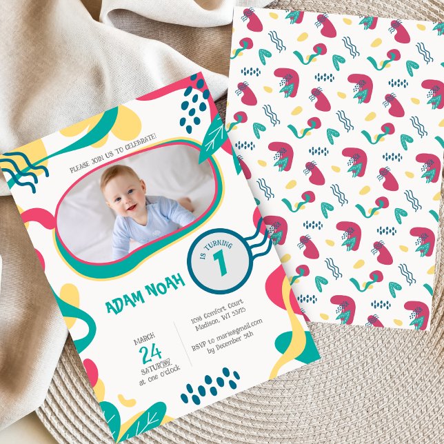 Colourful Hand Drawn 1st Birthday Photo Invitation (Creator Uploaded)