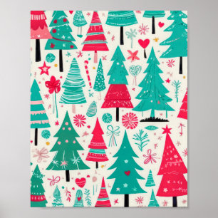 Colourful Hand Drawn Christmas Tree Pattern  Poster
