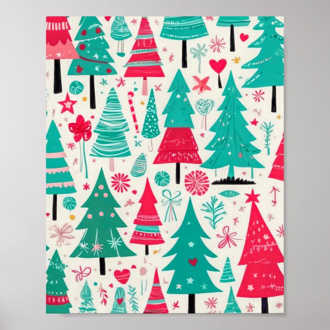 Colourful Hand Drawn Christmas Tree Pattern  Poster (Front)