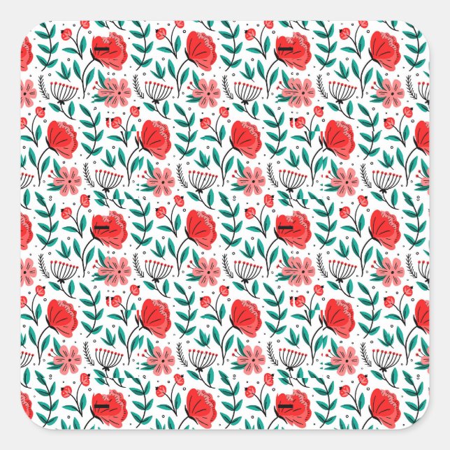 Colourful Hand Drawn Floral Pattern. Square Sticker (Front)