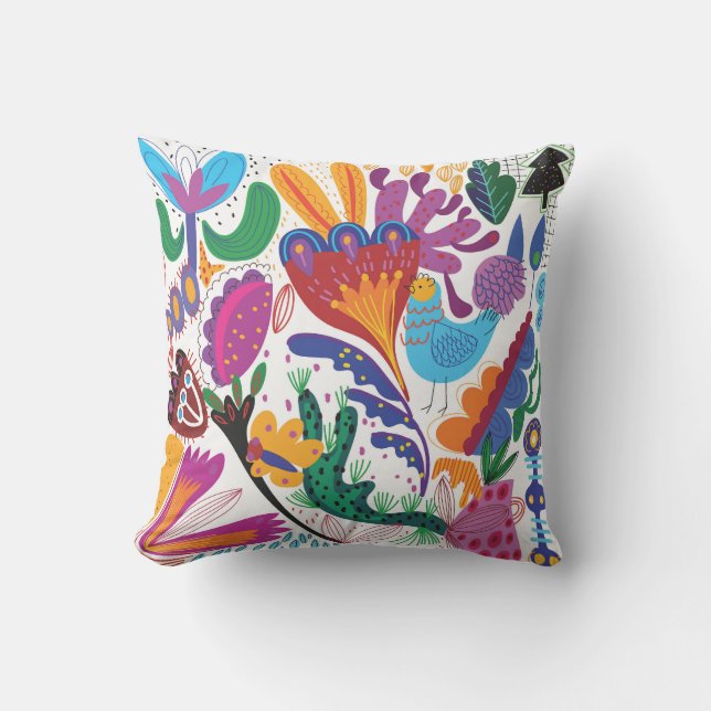 Colourful Hand Drawn Floral & Plants Cushion (Front)