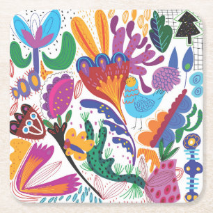 Colourful Hand Drawn Floral & Plants Square Paper Coaster