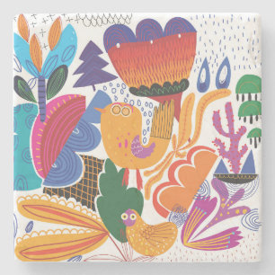 Colourful Hand Drawn Floral & Plants Stone Coaster