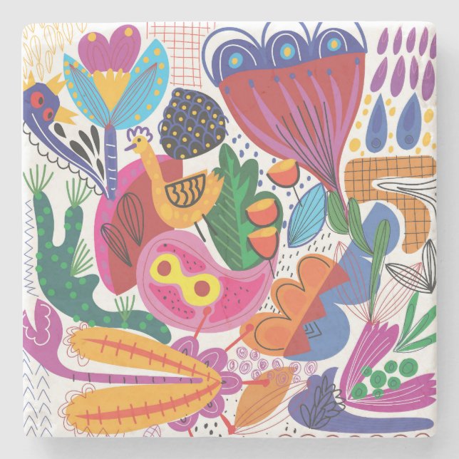 Colourful Hand Drawn Floral & Plants Stone Coaster (Front)
