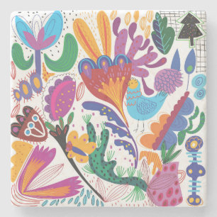 Colourful Hand Drawn Floral & Plants Stone Coaster