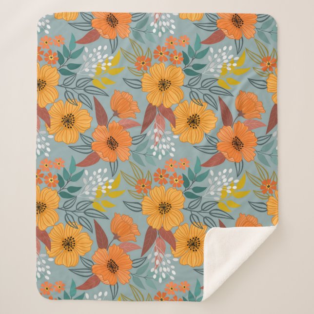 Colourful Hand Drawn Flowers Pattern Sherpa Blanket (Front)