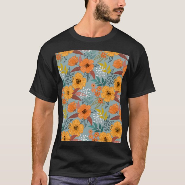 Colourful Hand Drawn Flowers Pattern T-Shirt (Front)