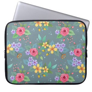 Colourful hand drawn flowers pattern vintage desig laptop sleeve