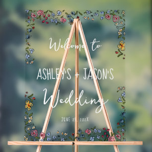 Colourful hand drawn flowers Wedding welcome sign