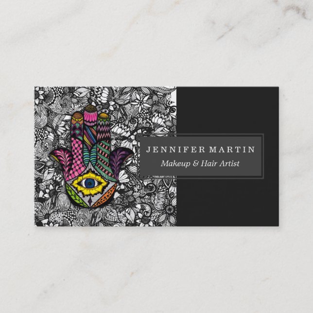 Colourful Hand Drawn Hamsa Hand an Floral Drawings Business Card (Front)