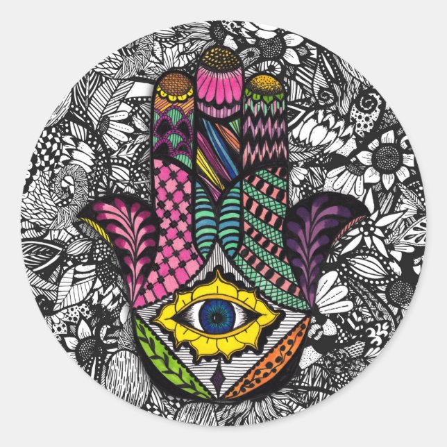 Colourful Hand Drawn Hamsa Hand an Floral Drawings Classic Round Sticker (Front)