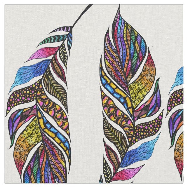 Colourful Hand Drawn Pattern Feathers Fabric (Close Up)