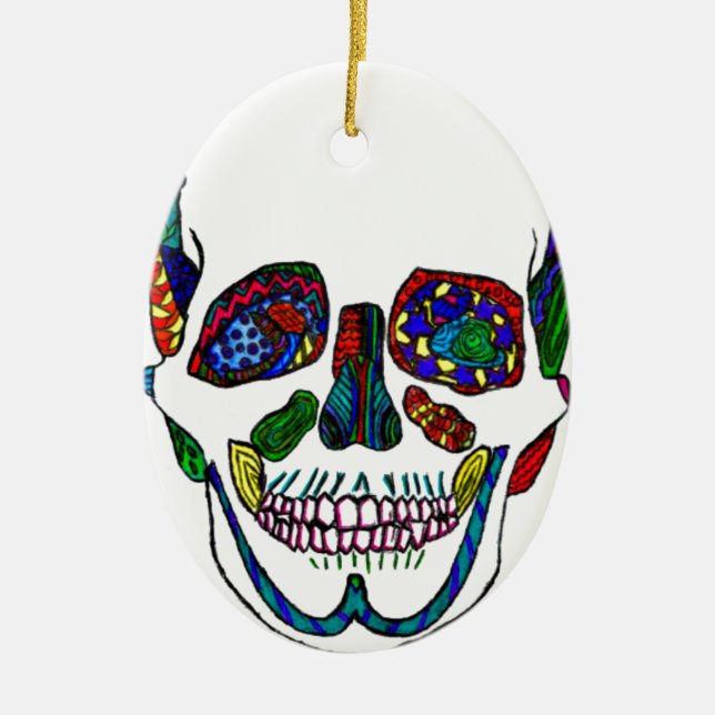 Colourful Hand Drawn Sugar Skull Mosaic Ceramic Tree Decoration (Front)