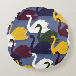Colourful hand drawn swan bird in the blue lake se round cushion