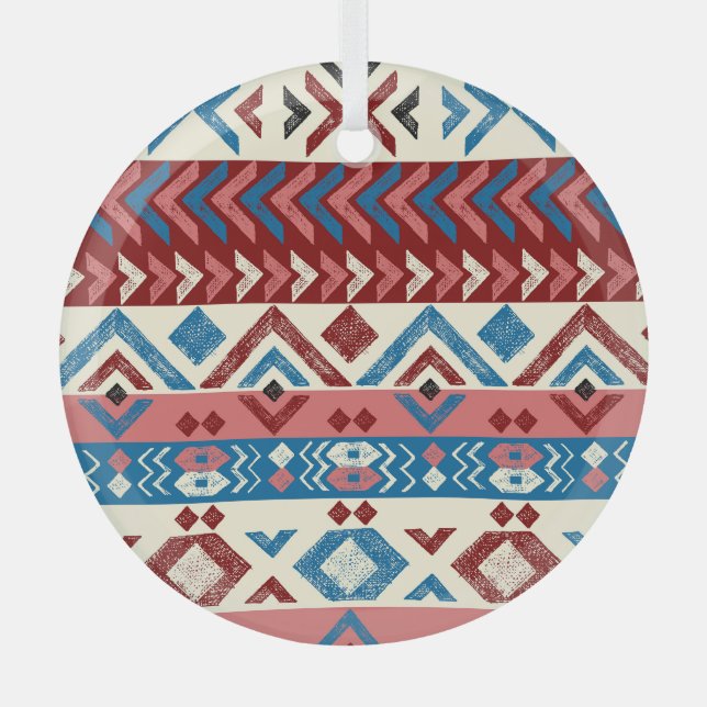 Colourful Hand-Drawn Tribal Pattern Glass Tree Decoration (Front)