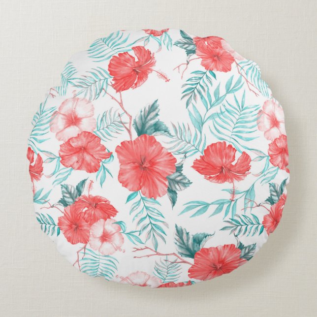 Colourful hand-drawn tropical pattern with bright  round cushion (Front)