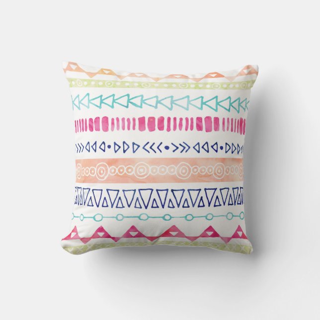 Colourful Hand Drawn Watercolor Tribal Pillow (Front)