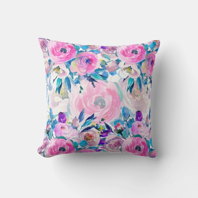 Colourful Hand Drawn Watercolors Floral Collage Cushion (Front)