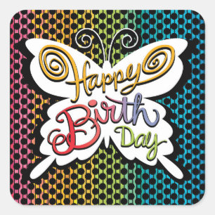 Colourful Hand Lettered Happy Birthday Butterfly Square Sticker