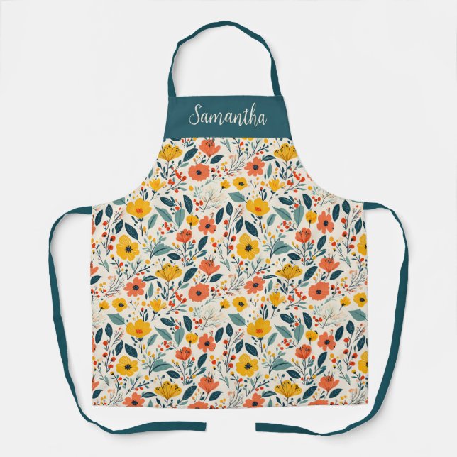 Colourful Hand-painted Floral Flowers  Apron (Front)