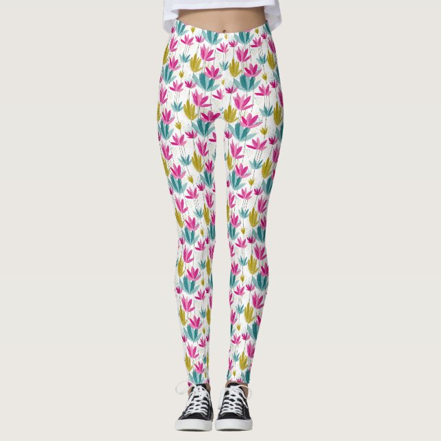 Colourful Hand-Painted Leaf Print Leggings (Front)