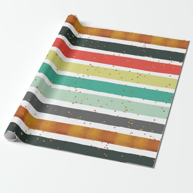 Colourful Hand Painted Stripes With Gold Glitter Wrapping Paper (Unrolled)