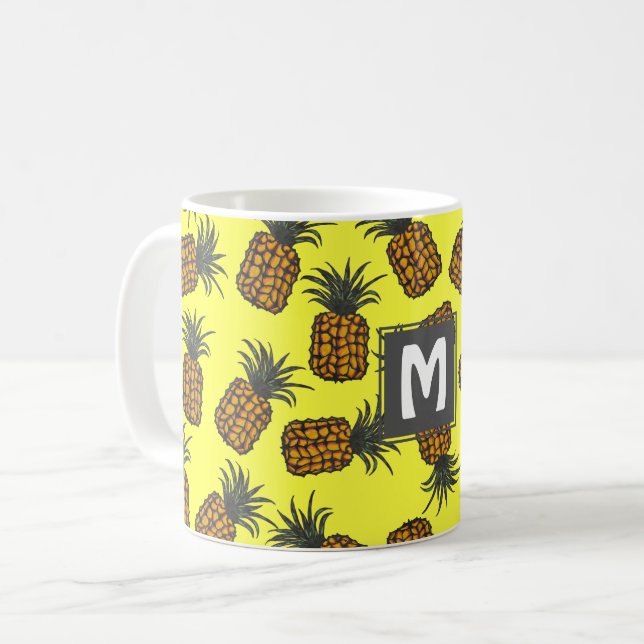 colourful hand painted tropical pineapple pattern coffee mug (Front Left)