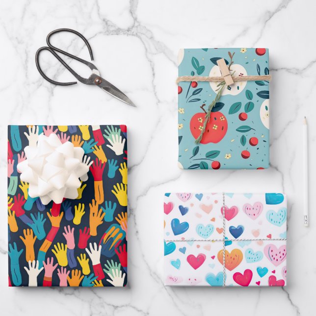 Colourful Hand Prints Apple Hearts School Themed Wrapping Paper Sheet (Front)