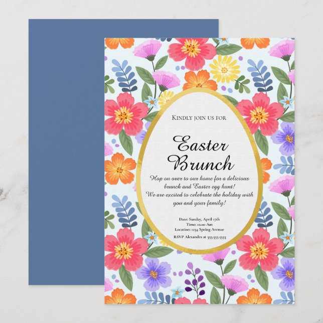 Colourful Handdrawn Floral Blue Grey Easter Brunch Invitation (Front/Back)