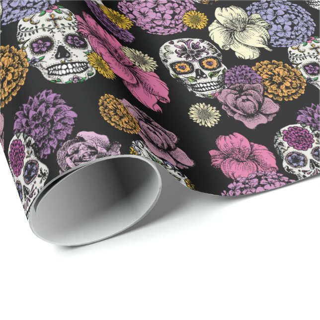 Colourful Handdrawn Mexican Sugar Skulls & Flowers Wrapping Paper (Roll Corner)