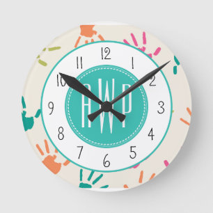Colourful Handprints Monogram Teacher Round Clock