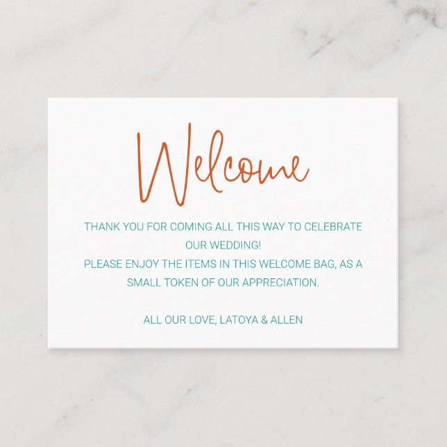 Colourful Handwriting Wedding Welcome Gift Basket Place Card (Front)