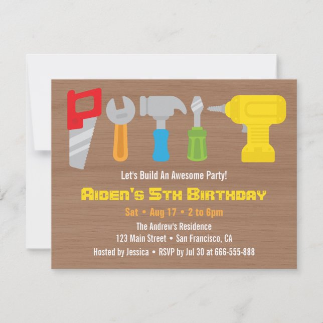 Colourful Handyman Tools Birthday Party Invitation (Front)