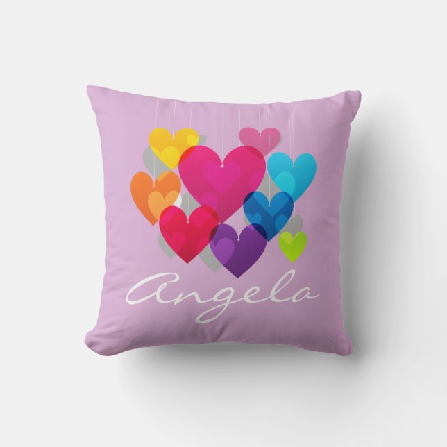 Colourful Hanging Hearts Personalised Cushion (Front)