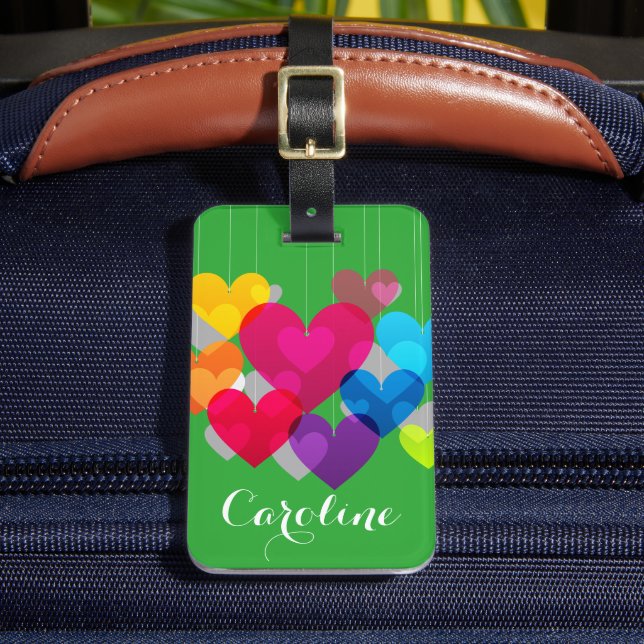 Colourful Hanging Hearts Personalised Luggage Tag (Front Insitu 2)