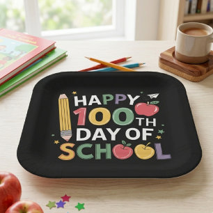 Colourful Happy 100th Day Of School Pencil Apple Paper Plate