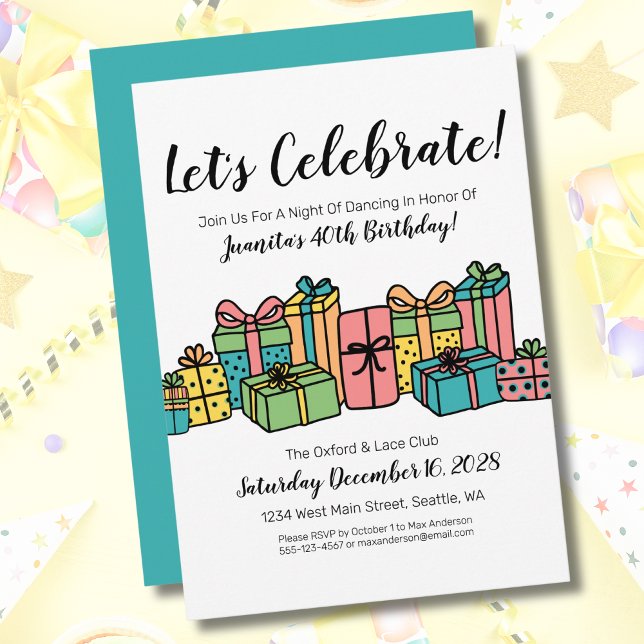 Colourful Happy 40th Birthday Party Invitation (Cute Fun Presents Colorful Happy Birthday Party Invitation)