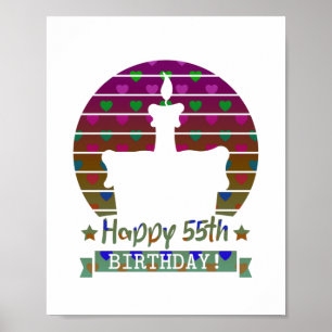 Colourful Happy 55th birthday cake with hearts Poster